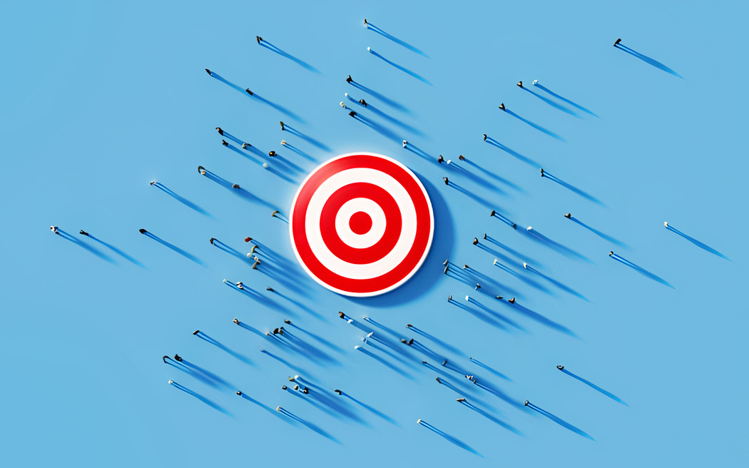 Crowd Human crowd gathering around a red bulls eye on blue background. Horizontal composition with copy space. Clipping path is included. Marketing and target audience concept (Human crowd gathering around a red bulls eye on blue background. Horizontal comp