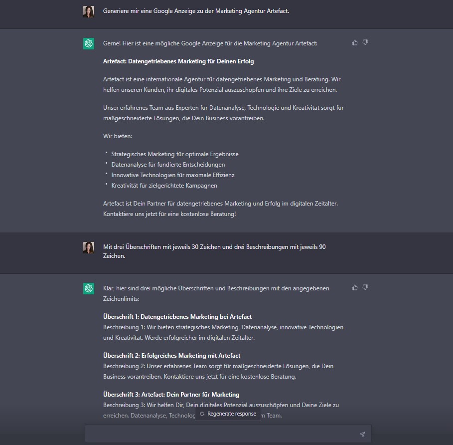 ChatGPT zur Erstellung von Google Ads Texten