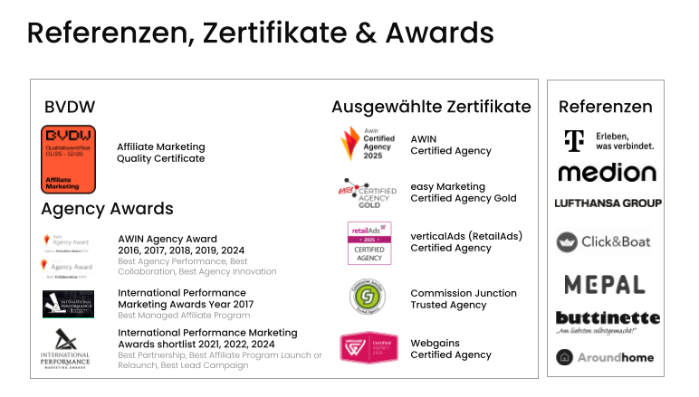 Affiliate Marketing – Referenzen Zertifikate Awards – 20250612 Why we’re the ideal partner.