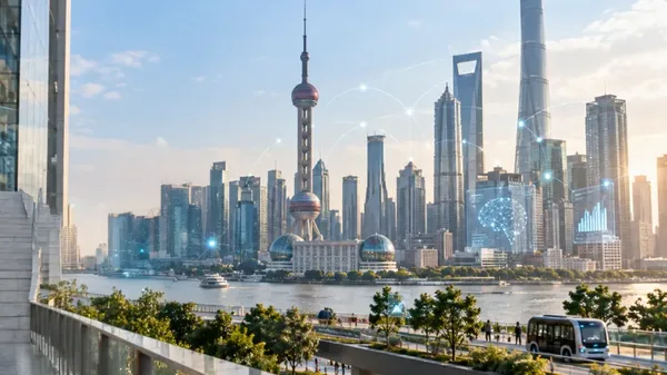 Shanghai skyline with the Oriental Pearl Tower and digital AI overlays