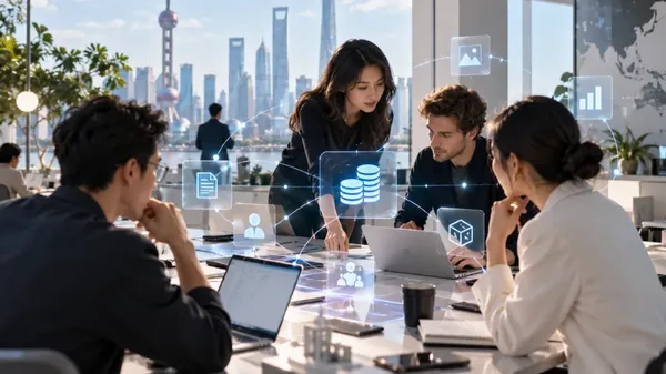 Team working on AI data dashboards in an office overlooking Shanghai