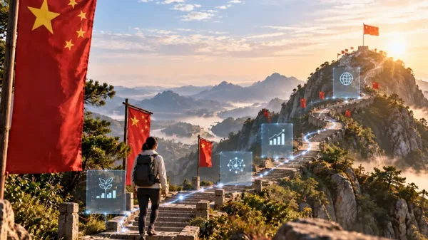 Hiker climbing a mountain path with Chinese flags and digital overlays, illustrating a steady AI transformation