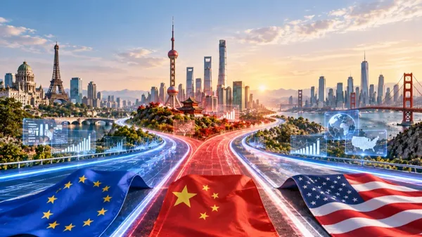 European, Chinese and US flags over city skylines connected by light trails, illustrating three AI races