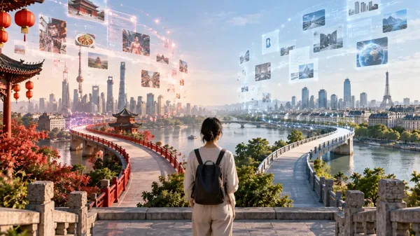 Person walking towards a Chinese city surrounded by floating app screens, illustrating GEO in China